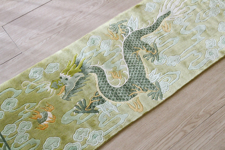 シルク緞通玄関マット 140Line Premium 吉祥龍　38×122cm　グリーン