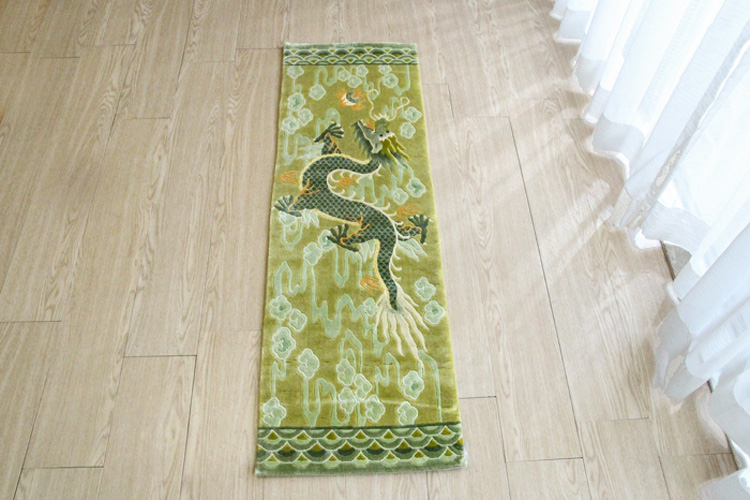 シルク緞通玄関マット 140Line Premium 吉祥龍　38×122cm　グリーン