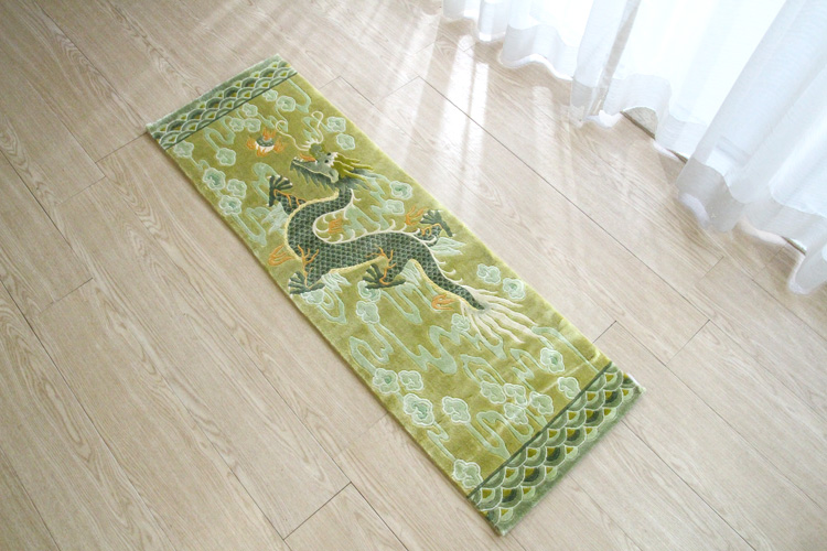 シルク緞通玄関マット 140Line Premium 吉祥龍　38×122cm　グリーン