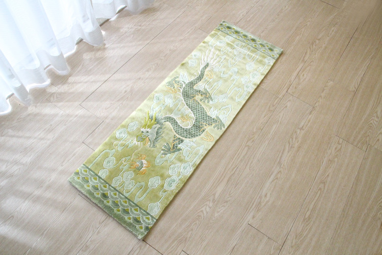 シルク緞通玄関マット 140Line Premium 吉祥龍　38×122cm　グリーン