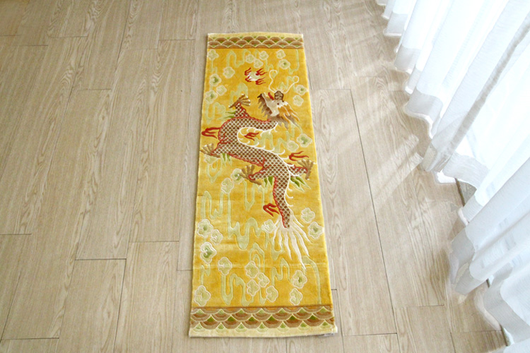 シルク緞通玄関マット 140Line Premium 吉祥龍 38×122cm イエロー
