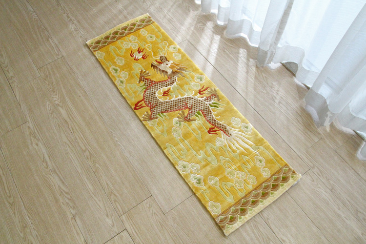 シルク緞通玄関マット 140Line Premium 吉祥龍 38×122cm イエロー