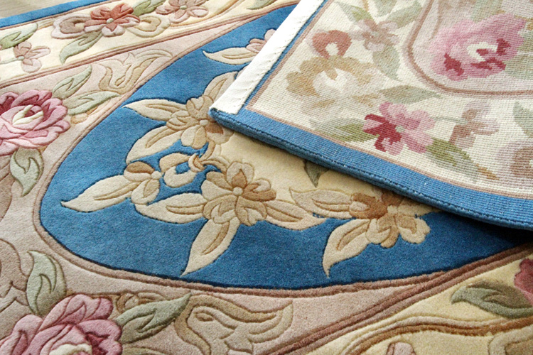 ロココ調　高級手織りウール緞通 ＃6041 ブルー　69×122cm