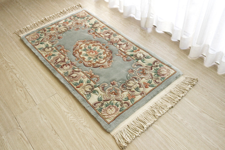 天津緞通  上質のウールを使用した手織り絨毯 ＃252  69×122cm ブルーグリーン　少々難あり品