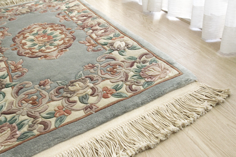 天津緞通  上質のウールを使用した手織り絨毯 ＃252  69×122cm ブルーグリーン　少々難あり品