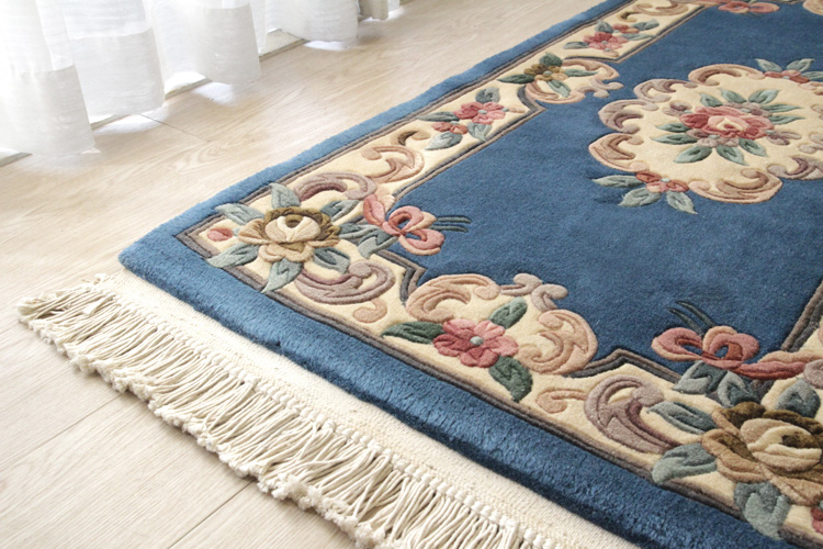 天津緞通  上質のウールを使用した手織り絨毯 ＃255　69×122cm ブルー
